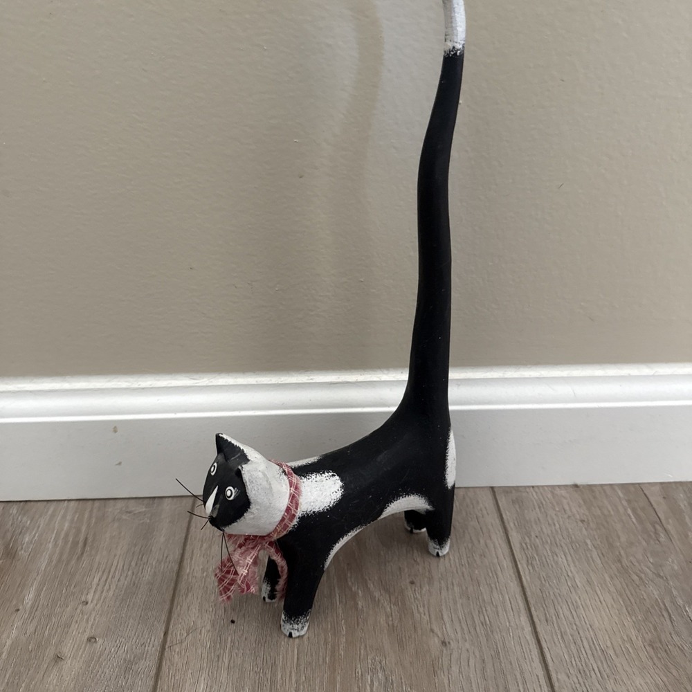 Vintage Folk Art Black White Red Dotted Wood Kitty Cat Long Tail Figurine